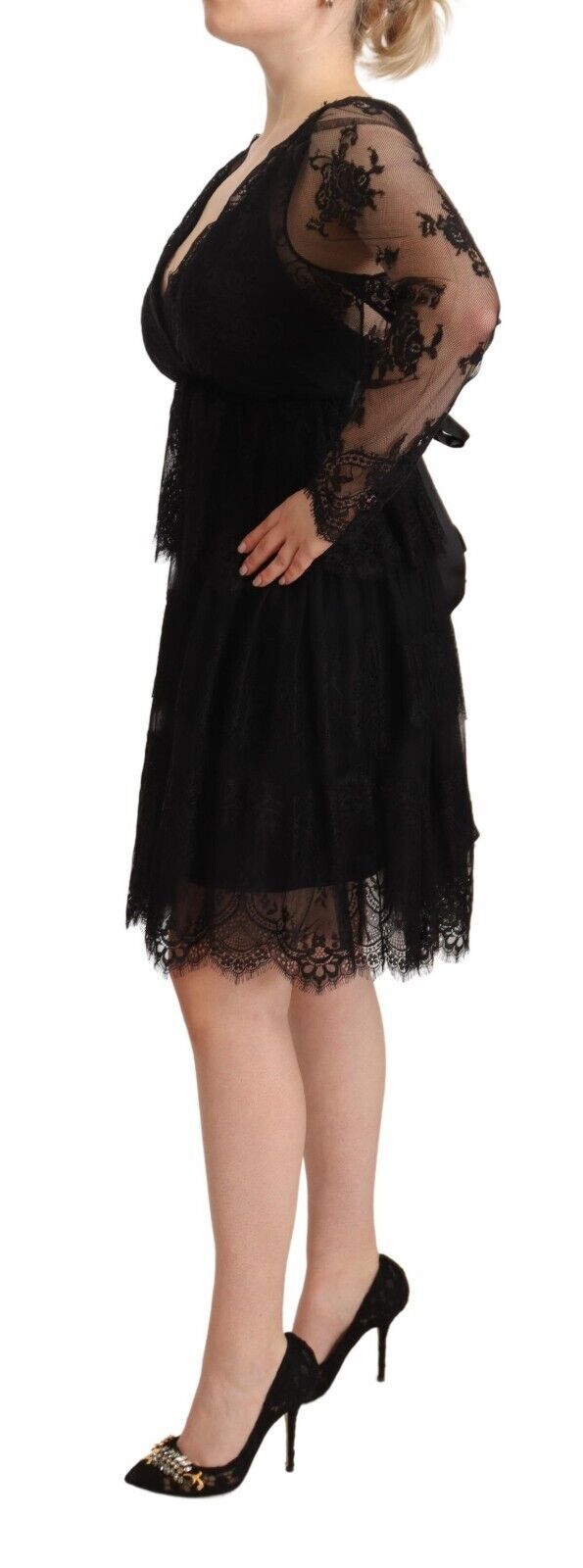 Robe Trapèze Aniye By en Coton Noir à Dentelle Florale, Manches Longues et Col V