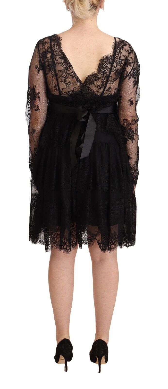 Robe Trapèze Aniye By en Coton Noir à Dentelle Florale, Manches Longues et Col V
