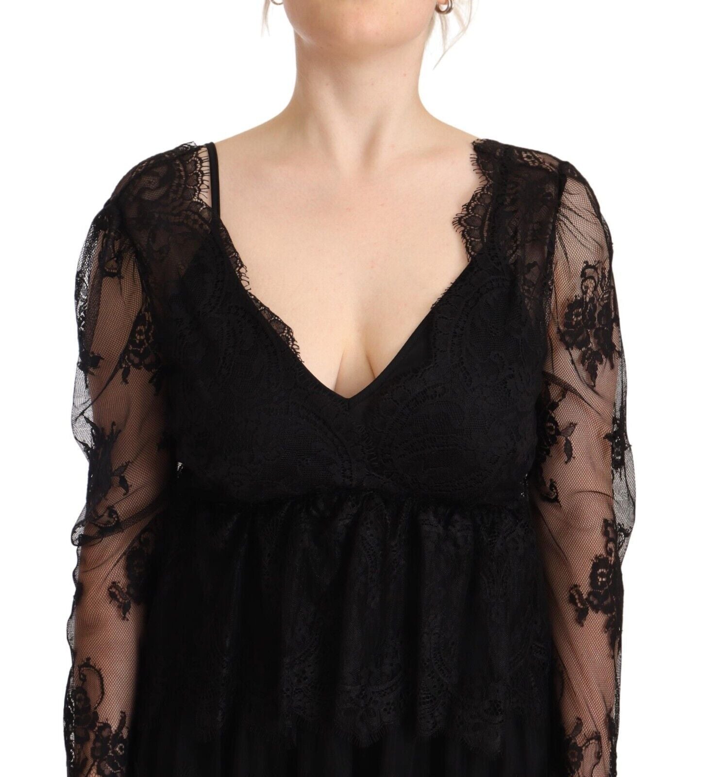 Robe Trapèze Aniye By en Coton Noir à Dentelle Florale, Manches Longues et Col V