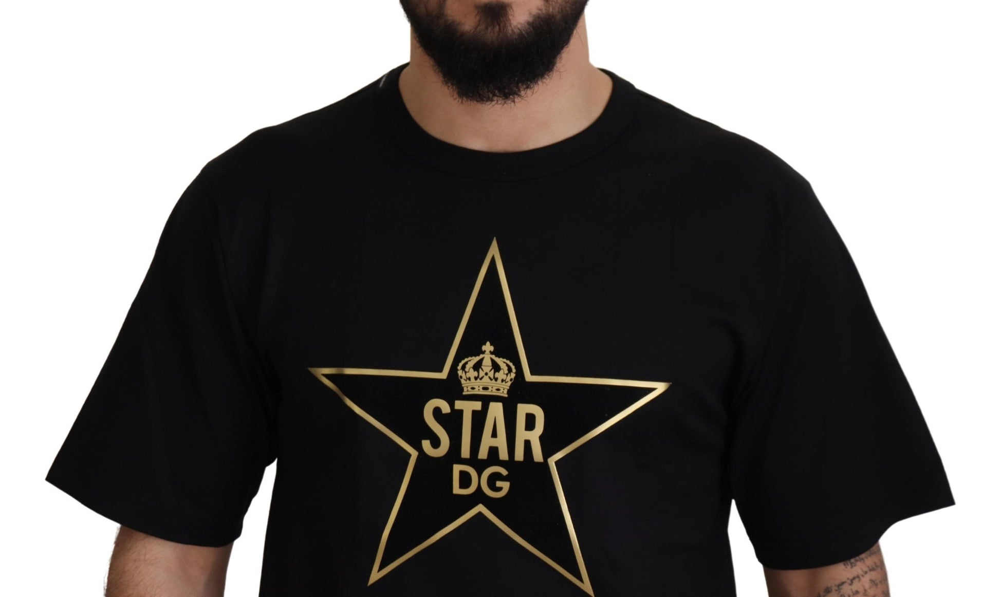 T-shirt Col Rond en Coton Noir et Or Couronne Étoile DG Dolce & Gabbana