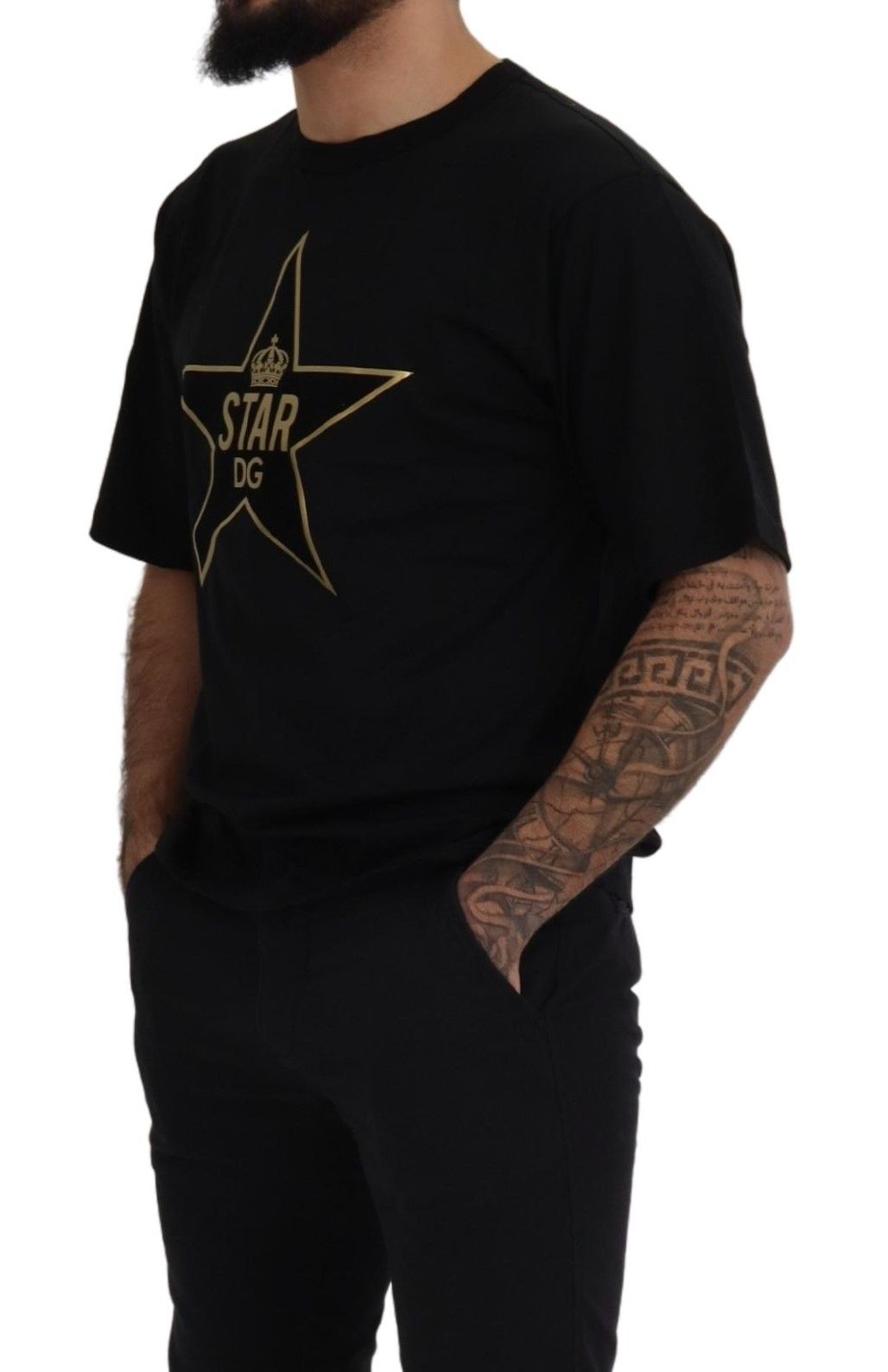 T-shirt Col Rond en Coton Noir et Or Couronne Étoile DG Dolce & Gabbana