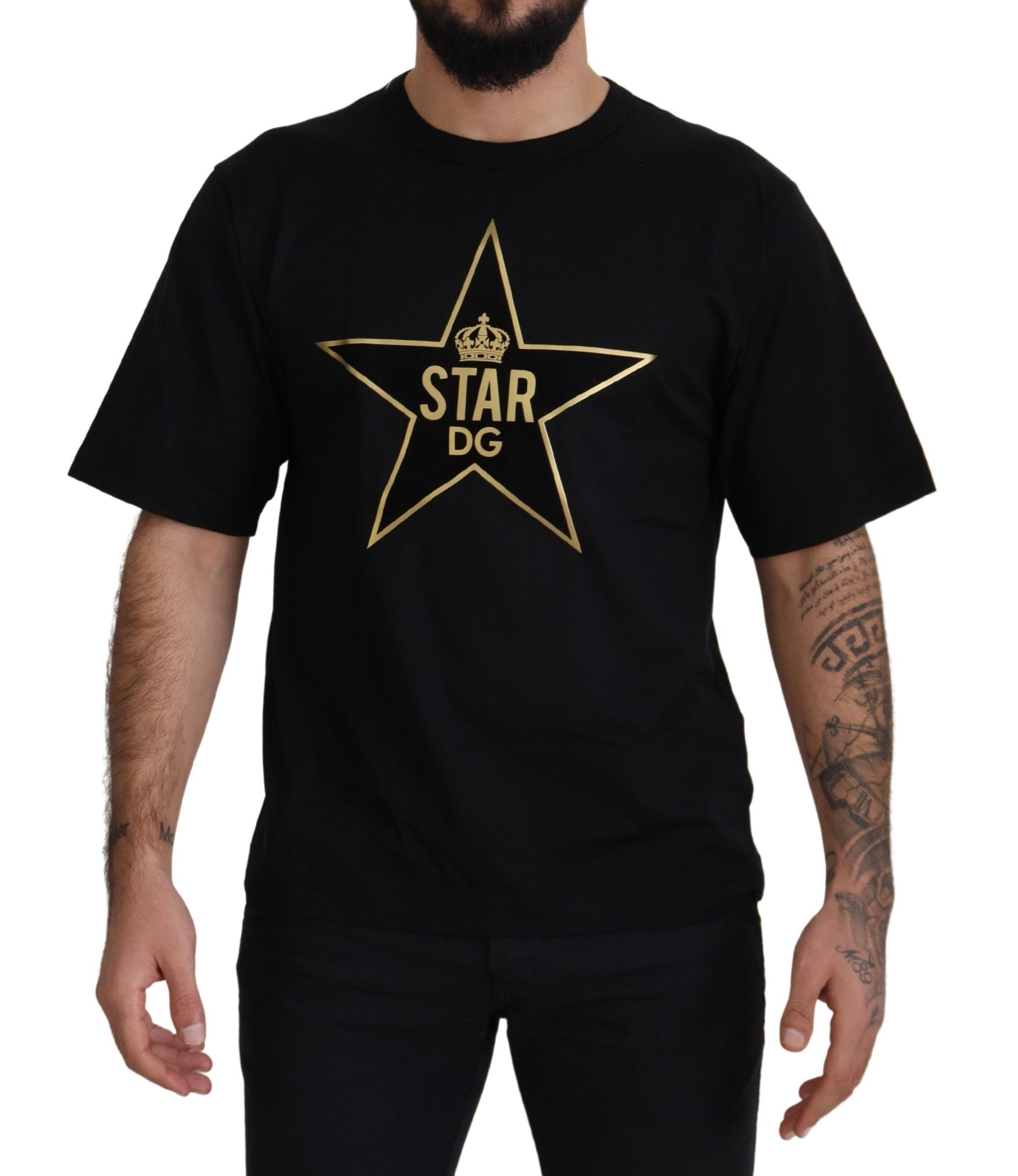 T-shirt Col Rond en Coton Noir et Or Couronne Étoile DG Dolce & Gabbana