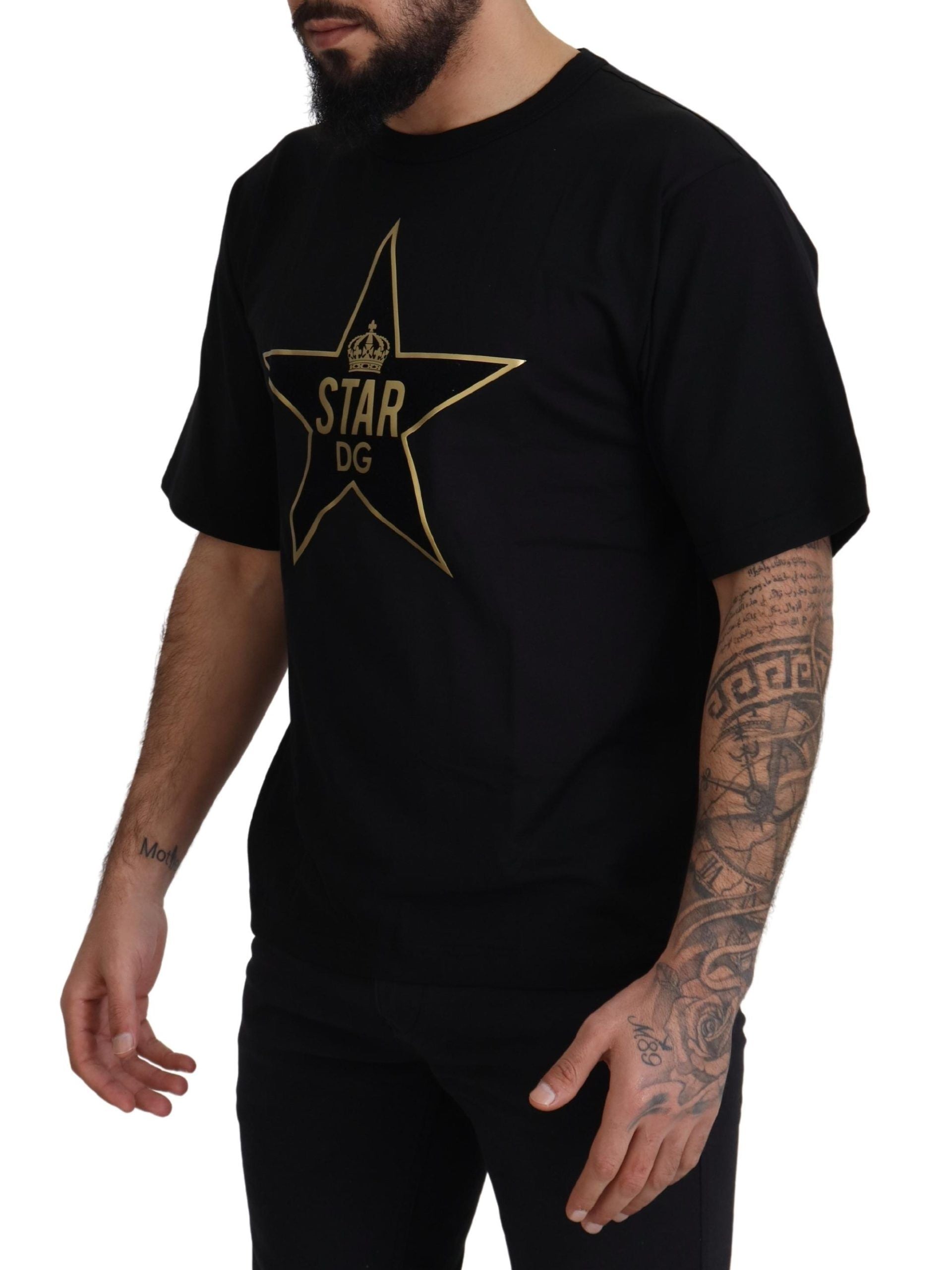 T-shirt Col Rond en Coton Noir et Or Couronne Étoile DG Dolce & Gabbana