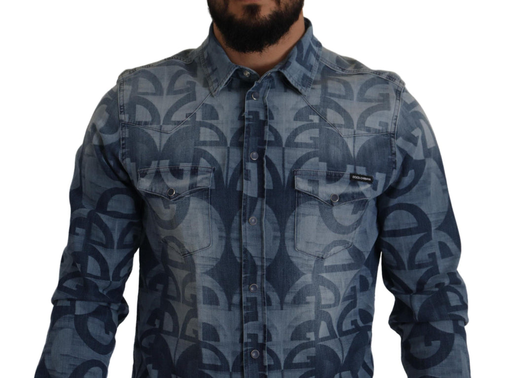 Chemise décontractée slim Dolce & Gabbana en denim bleu stretch avec logo DG pour homme