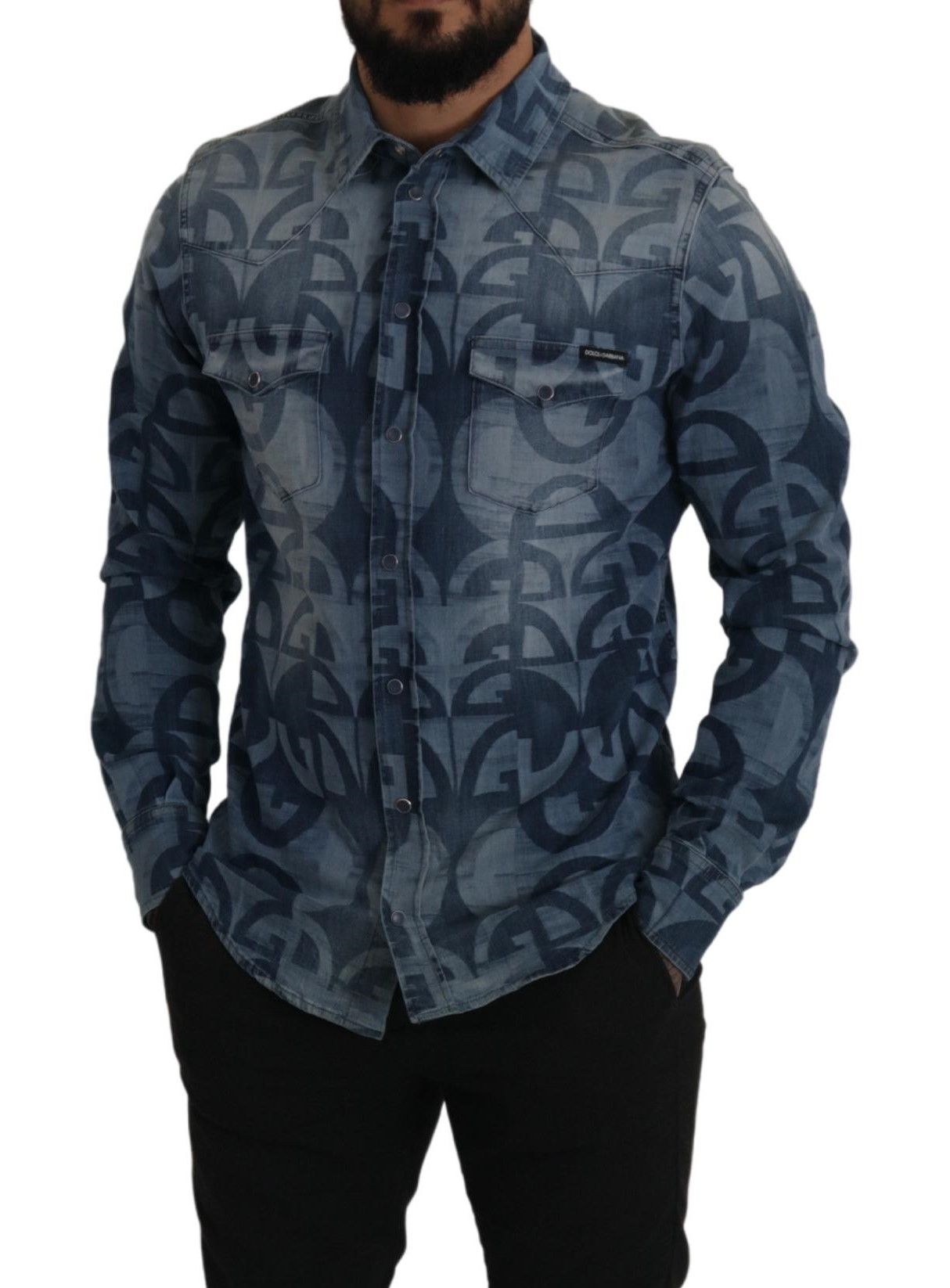 Chemise décontractée slim Dolce & Gabbana en denim bleu stretch avec logo DG pour homme