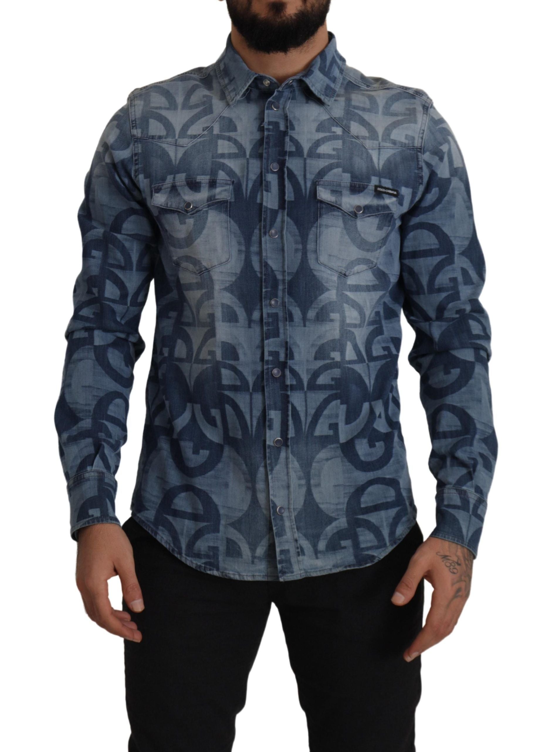 Chemise décontractée slim Dolce & Gabbana en denim bleu stretch avec logo DG pour homme