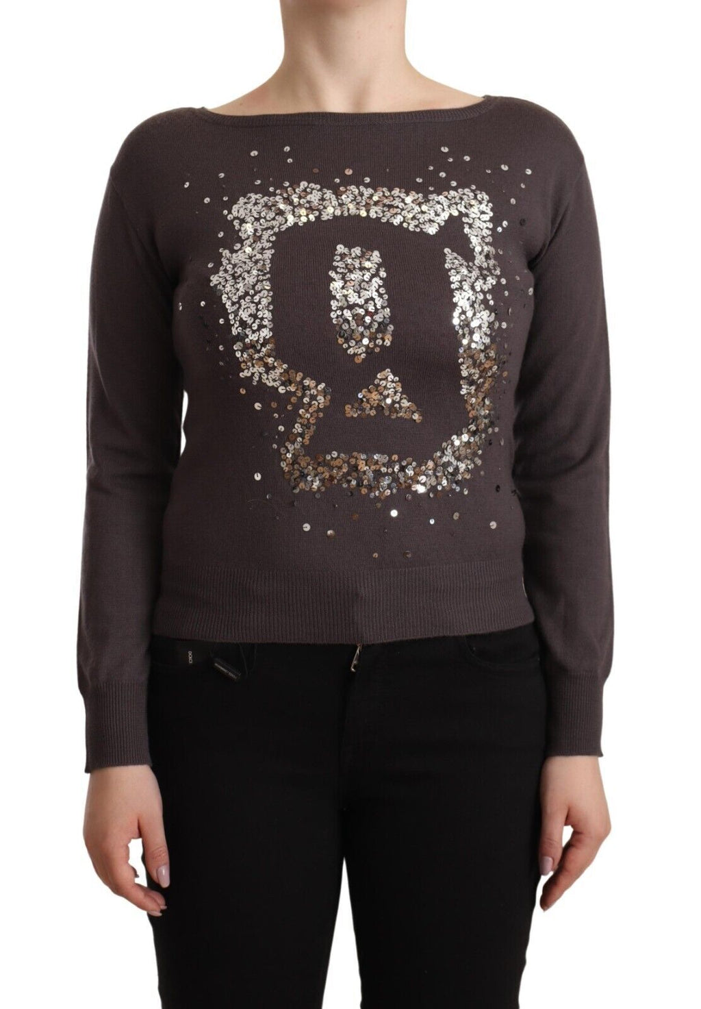 Pull-over en laine marron à sequins et manches longues John Galliano