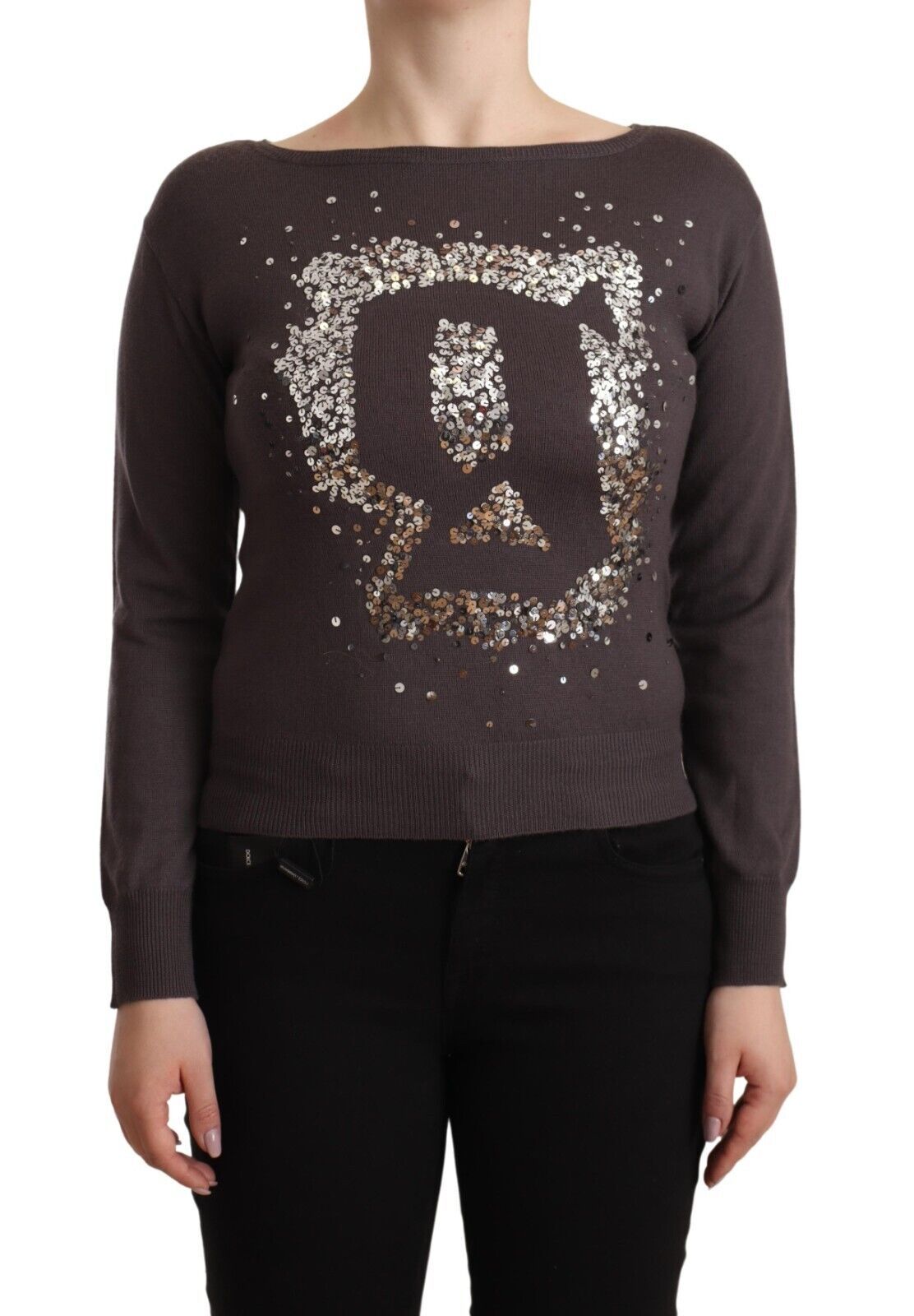 Pull-over en laine marron à sequins et manches longues John Galliano
