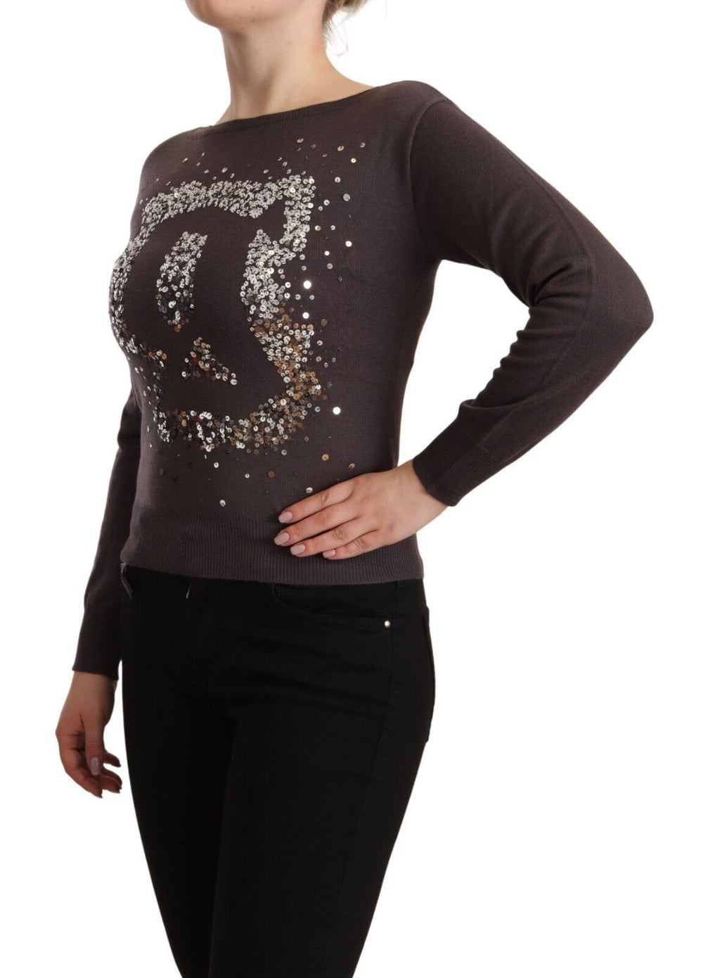 Pull-over en laine marron à sequins et manches longues John Galliano