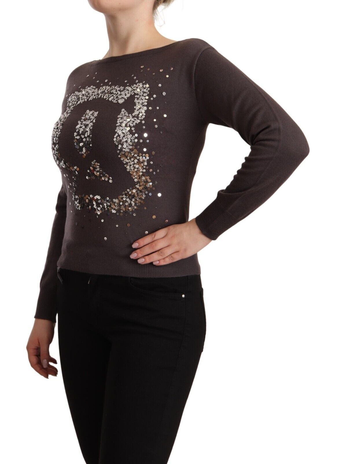 Pull-over en laine marron à sequins et manches longues John Galliano