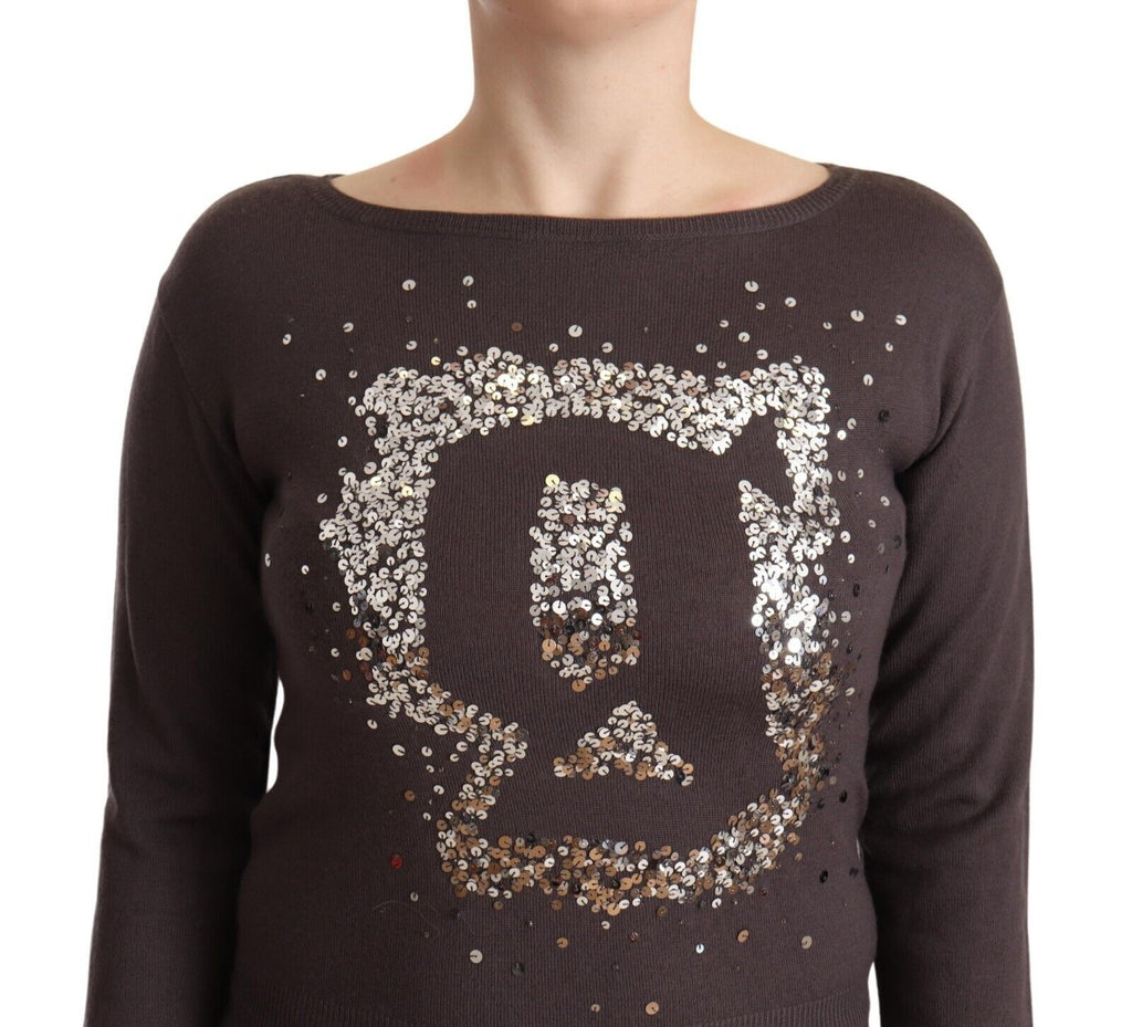 Pull-over en laine marron à sequins et manches longues John Galliano