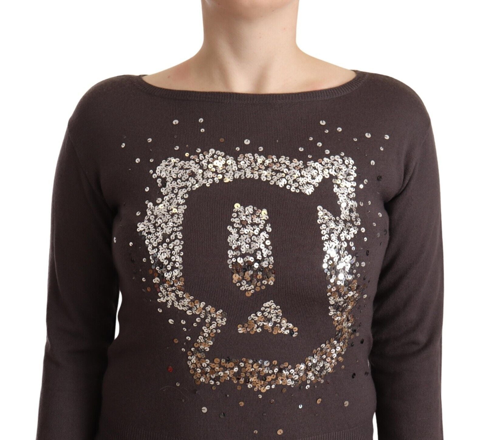 Pull-over en laine marron à sequins et manches longues John Galliano