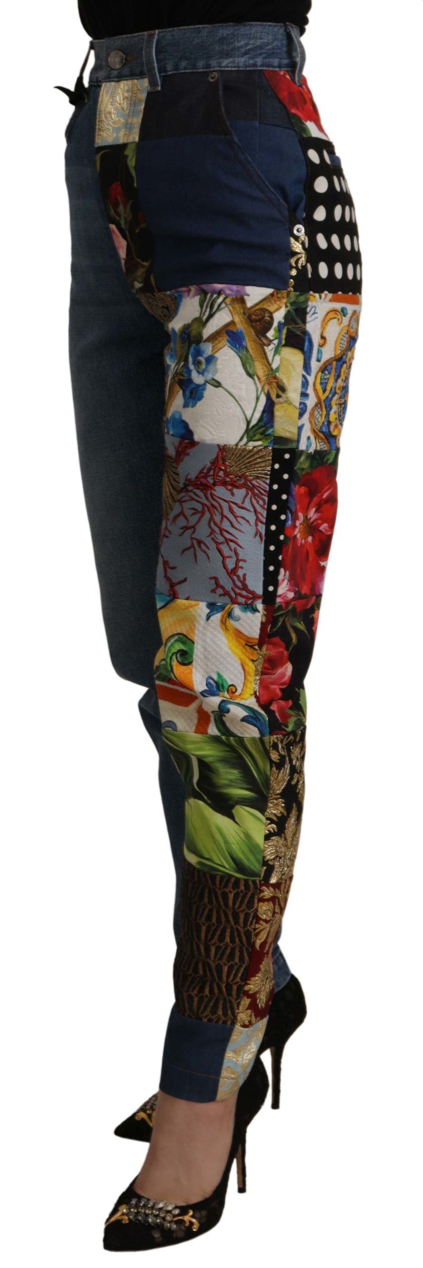 Pantalon Jacquard Majolique Bleu Jean Taille Haute Dolce & Gabbana