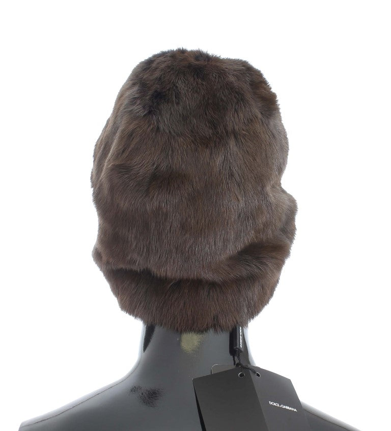 Bonnet en cachemire marron avec fourrure de martre pour femme Dolce & Gabbana