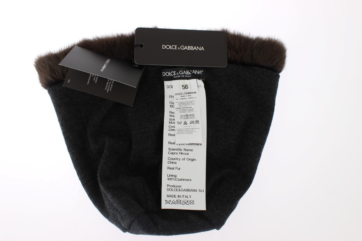 Bonnet en cachemire marron avec fourrure de martre pour femme Dolce & Gabbana