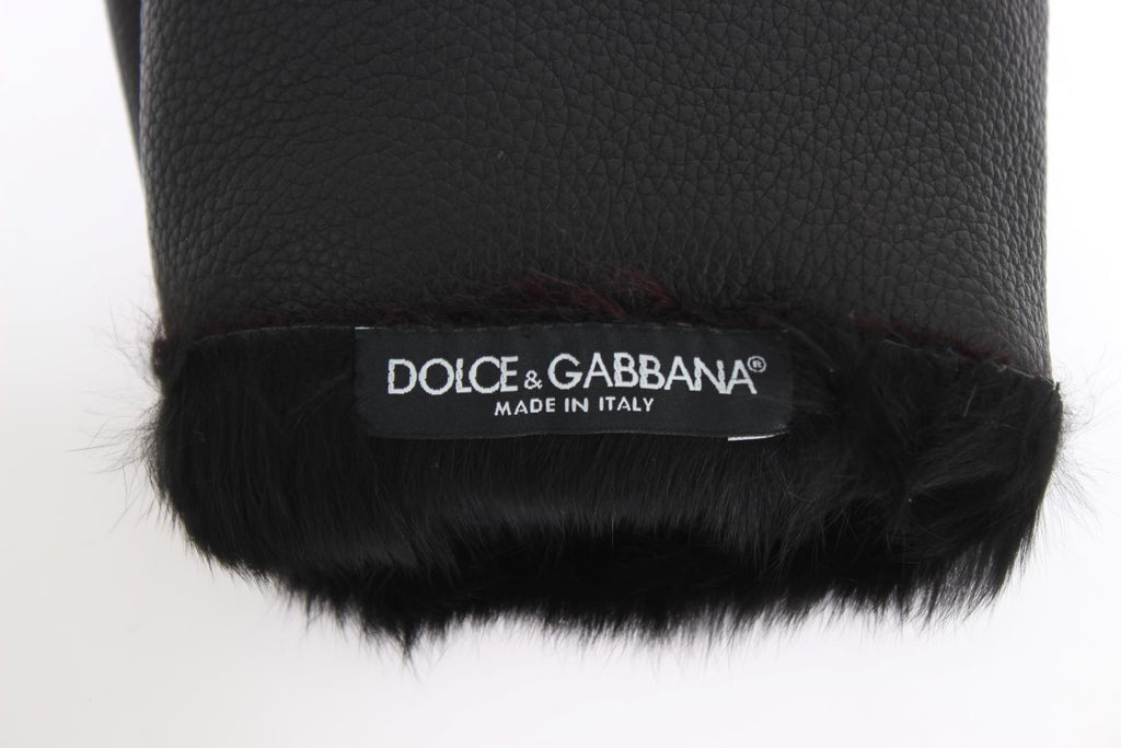 Dolce &amp; Gabbana Schwarze Lederhandschuhe aus Bordeaux-Lammfell