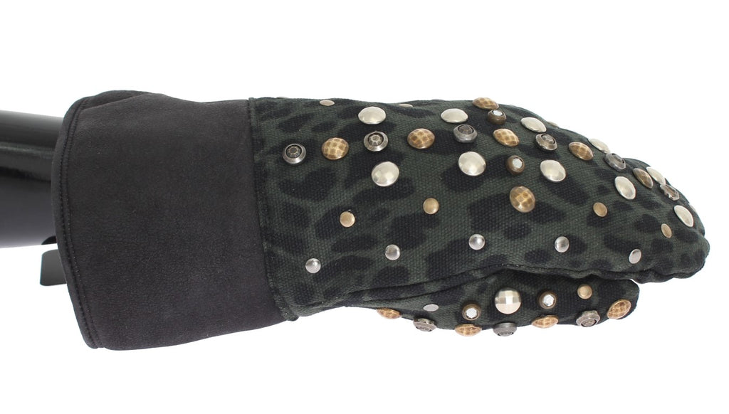 Dolce &amp; Gabbana – Graue Woll-Shearling-Handschuhe mit grünem Leopardenmuster und Nieten