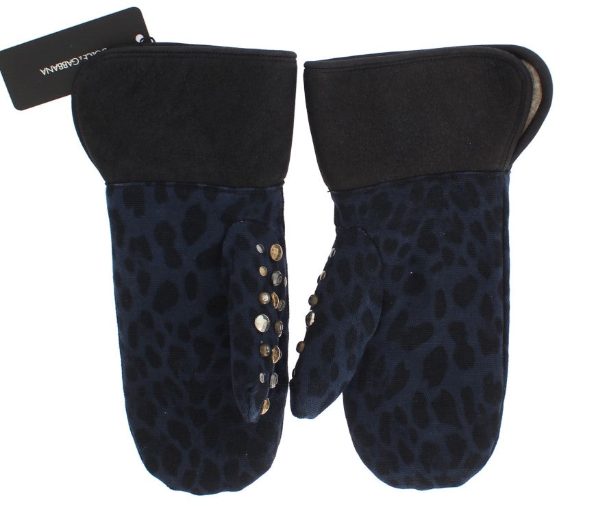 Dolce &amp; Gabbana Graue Woll-Shearling-Handschuhe mit blauen Leopardenmuster und Nieten