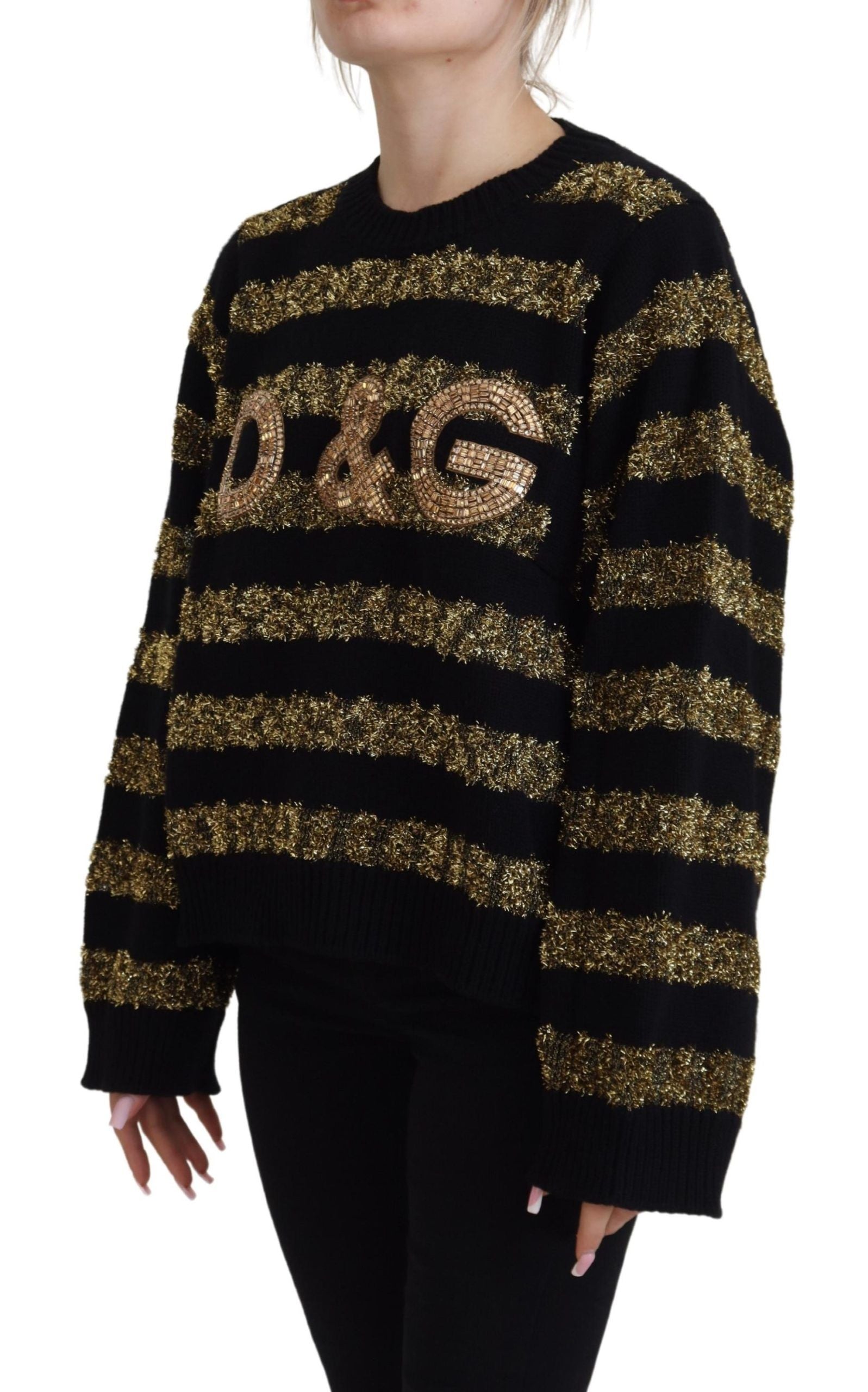 Pull en cachemire Dolce & Gabbana D&G noir et or orné de cristaux