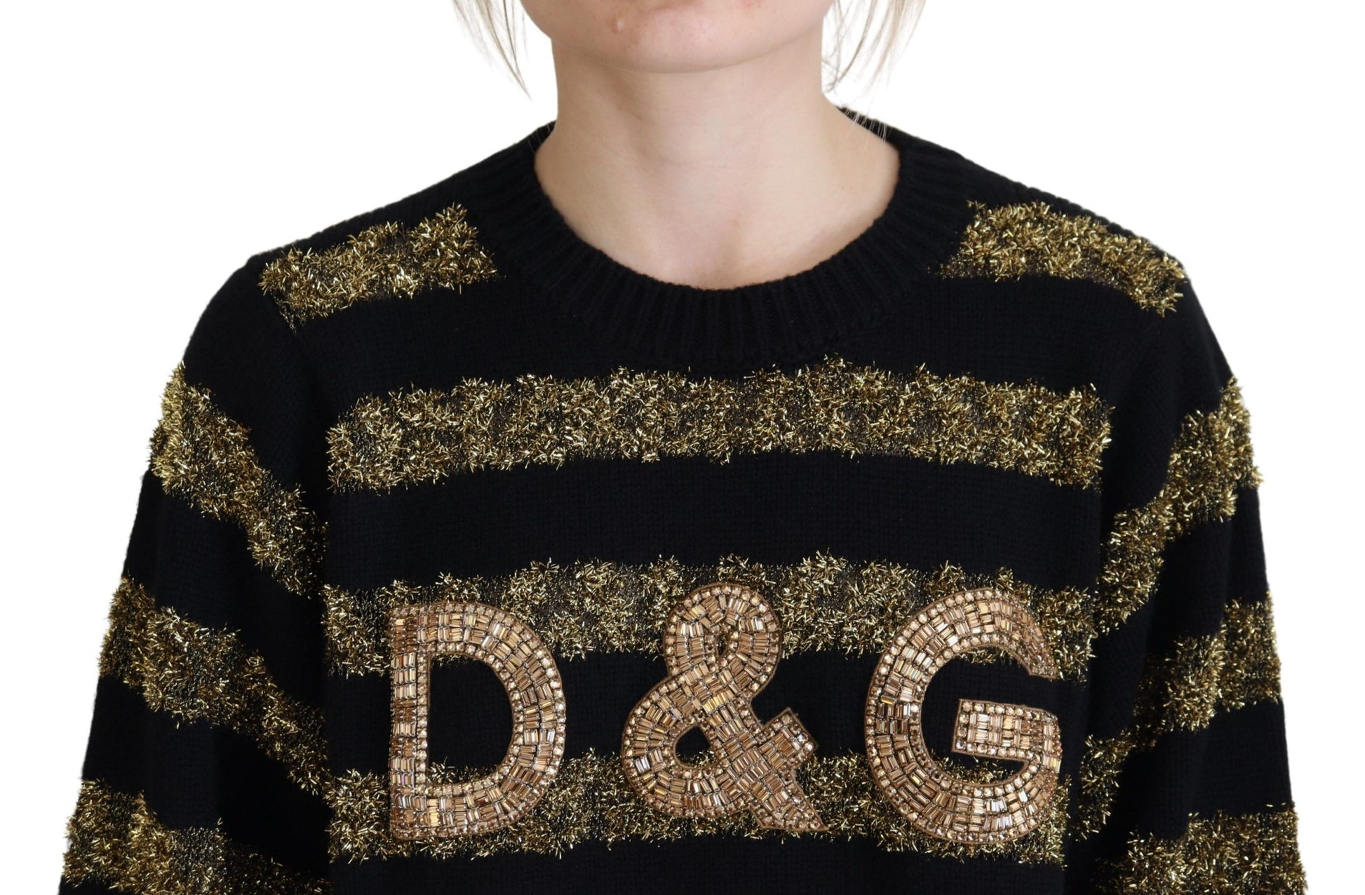 Pull en cachemire Dolce & Gabbana D&G noir et or orné de cristaux