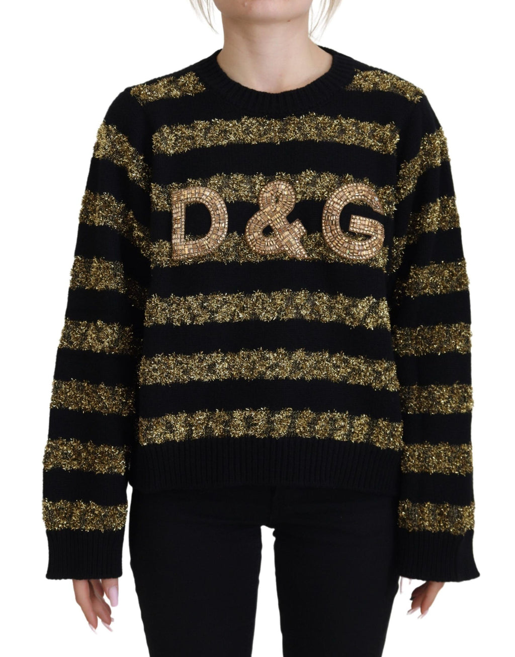 Pull en cachemire Dolce & Gabbana D&G noir et or orné de cristaux