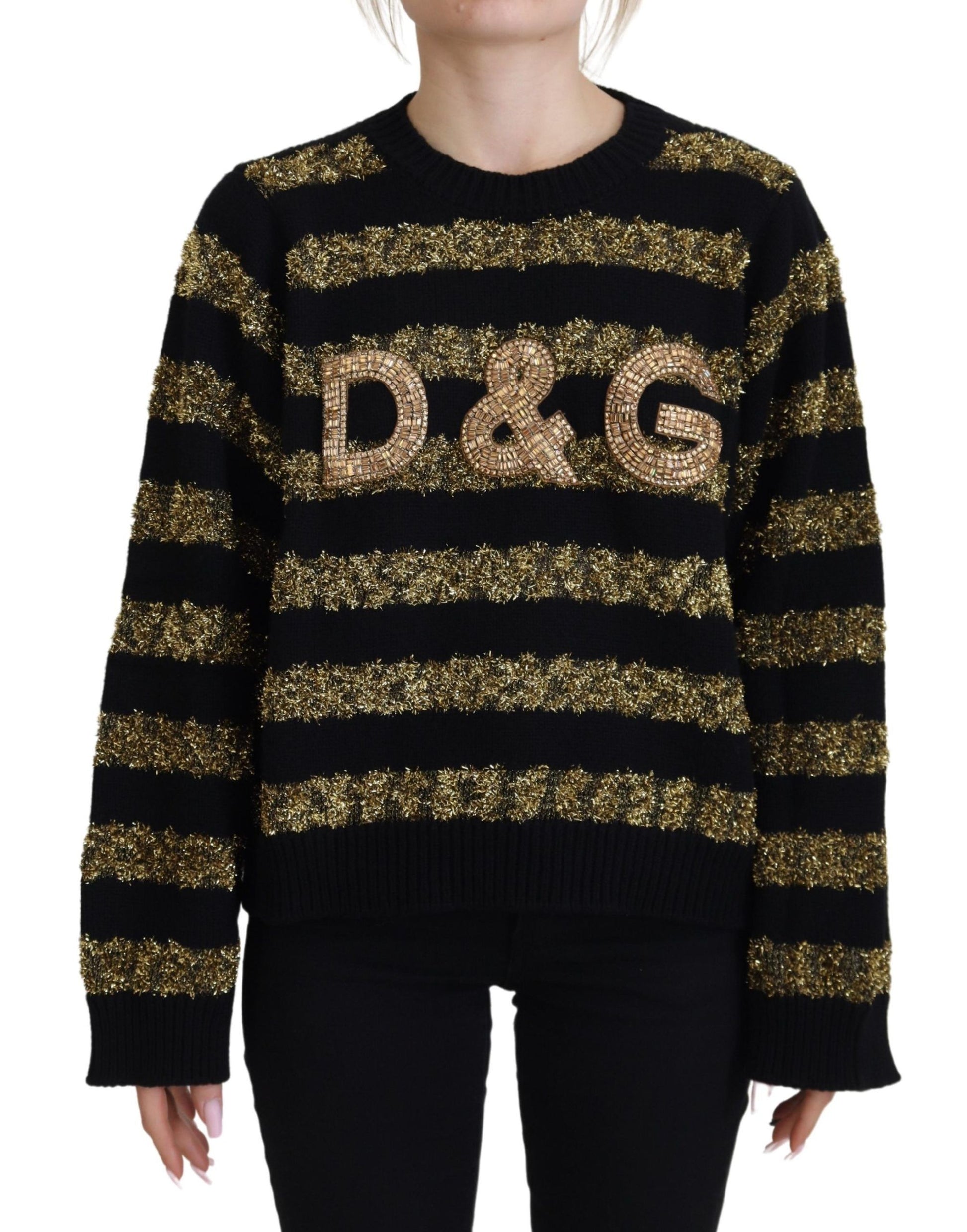 Pull en cachemire Dolce & Gabbana D&G noir et or orné de cristaux
