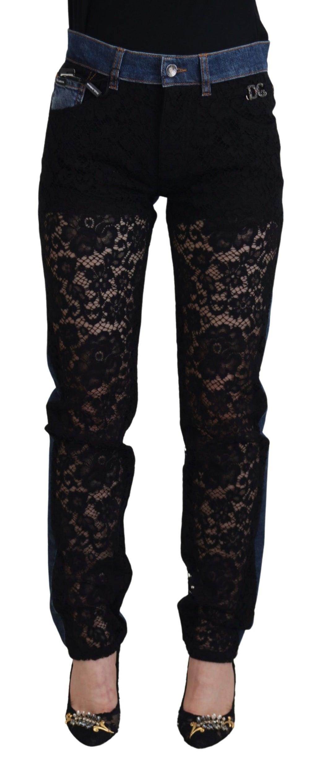 Dolce & Gabbana Jean Slim En Dentelle Florale Noire