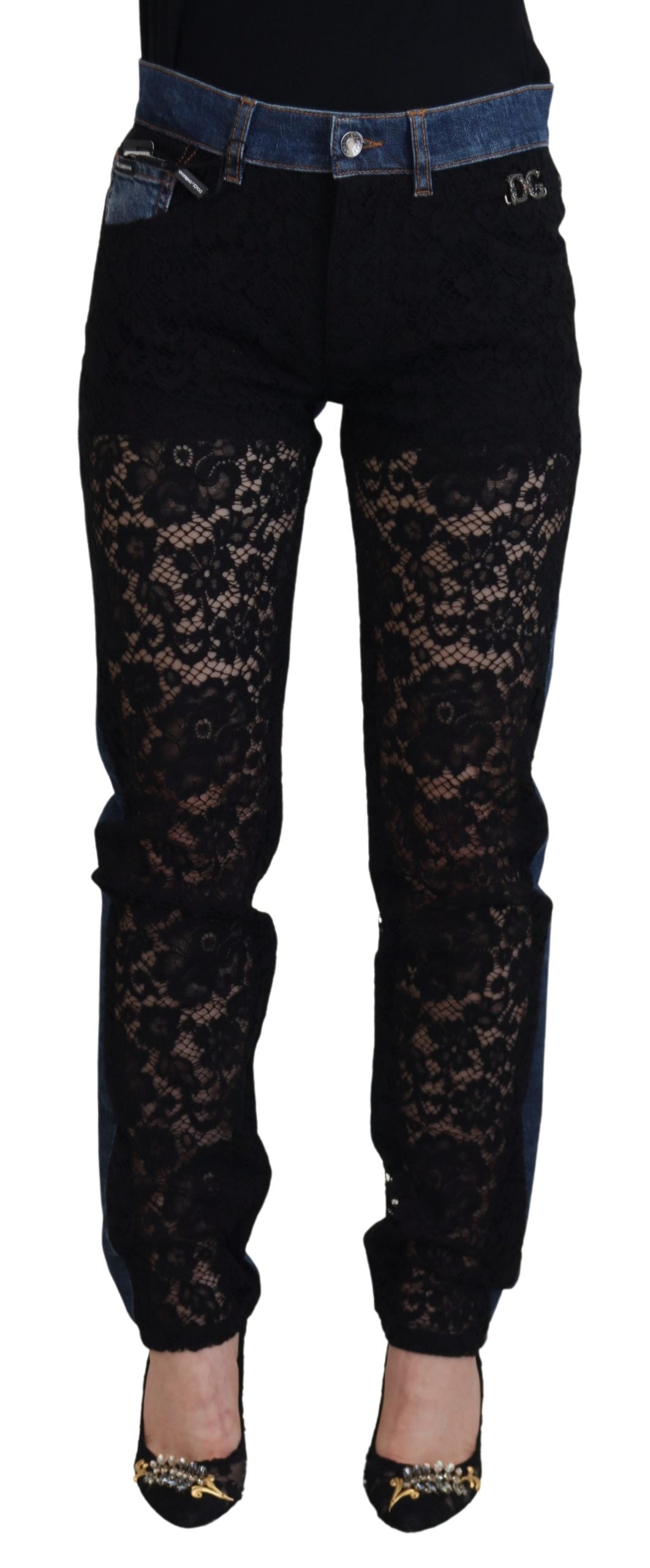 Dolce & Gabbana Jean Slim En Dentelle Florale Noire