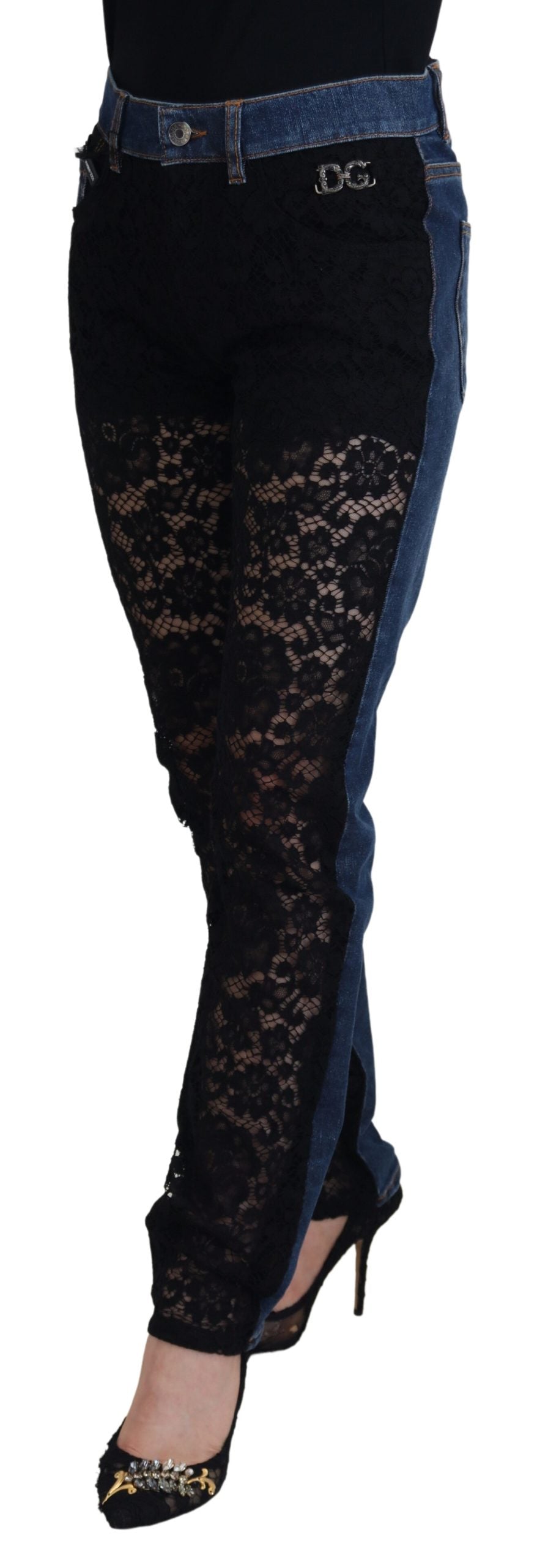Dolce & Gabbana Jean Slim En Dentelle Florale Noire