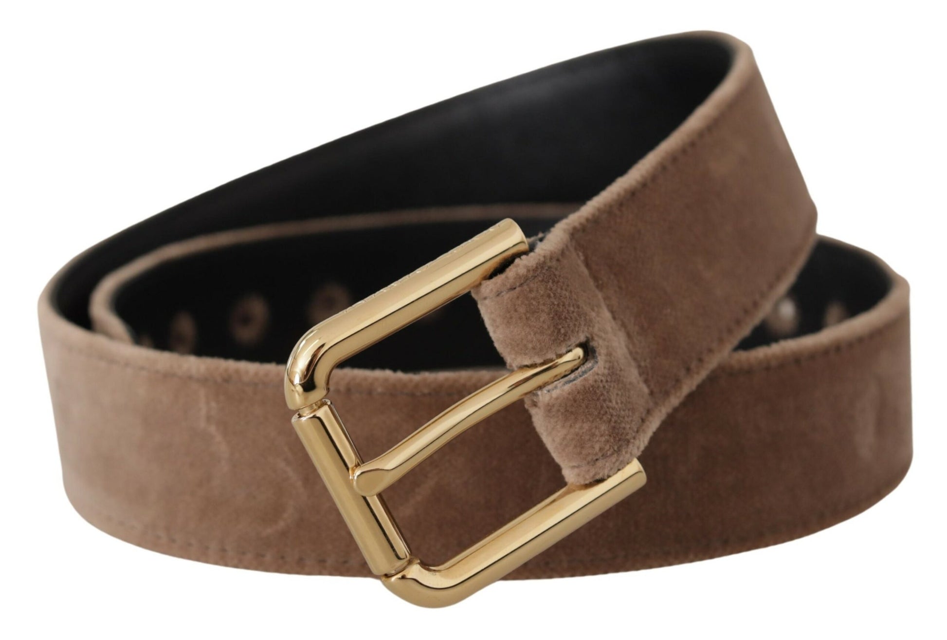 Ceinture Dolce & Gabbana en velours marron clair, avec boucle en métal doré et logo.