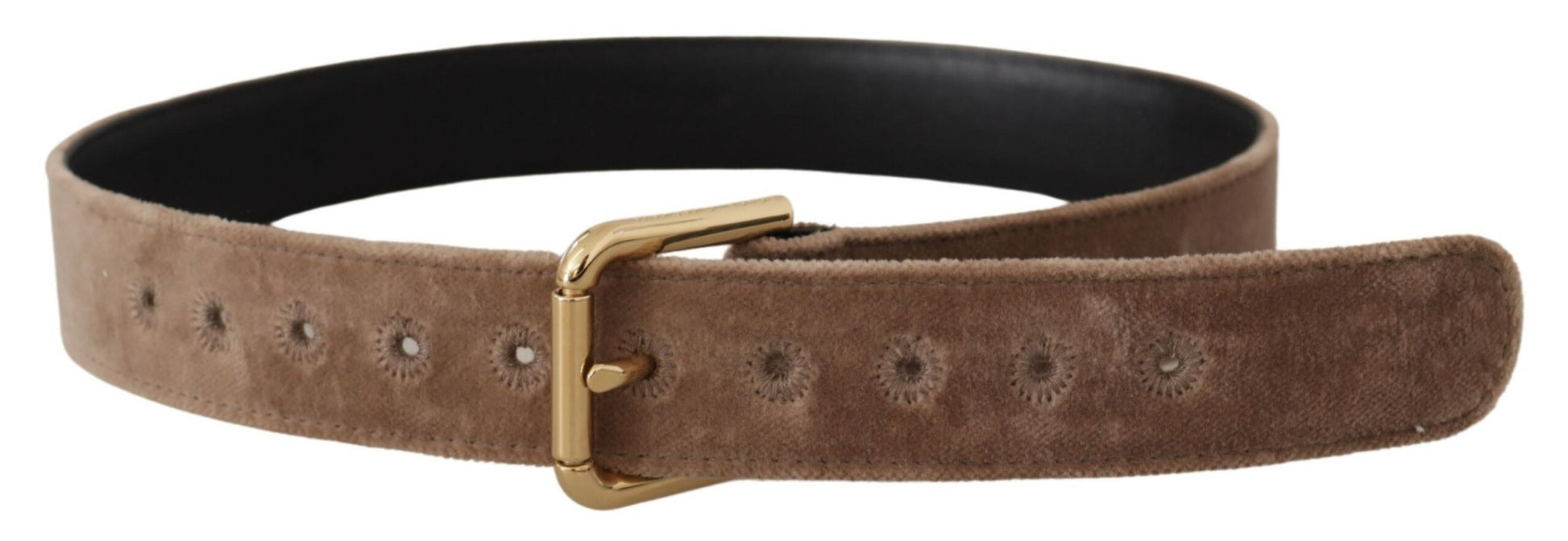 Ceinture Dolce & Gabbana en velours marron clair, avec boucle en métal doré et logo.