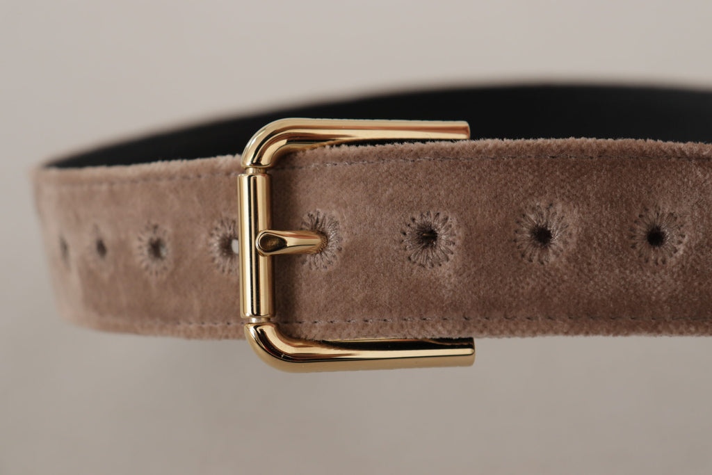 Ceinture Dolce & Gabbana en velours marron clair, avec boucle en métal doré et logo.