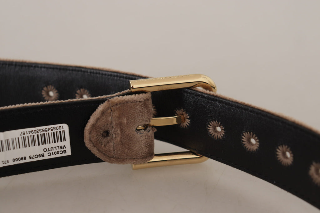 Ceinture Dolce & Gabbana en velours marron clair, avec boucle en métal doré et logo.