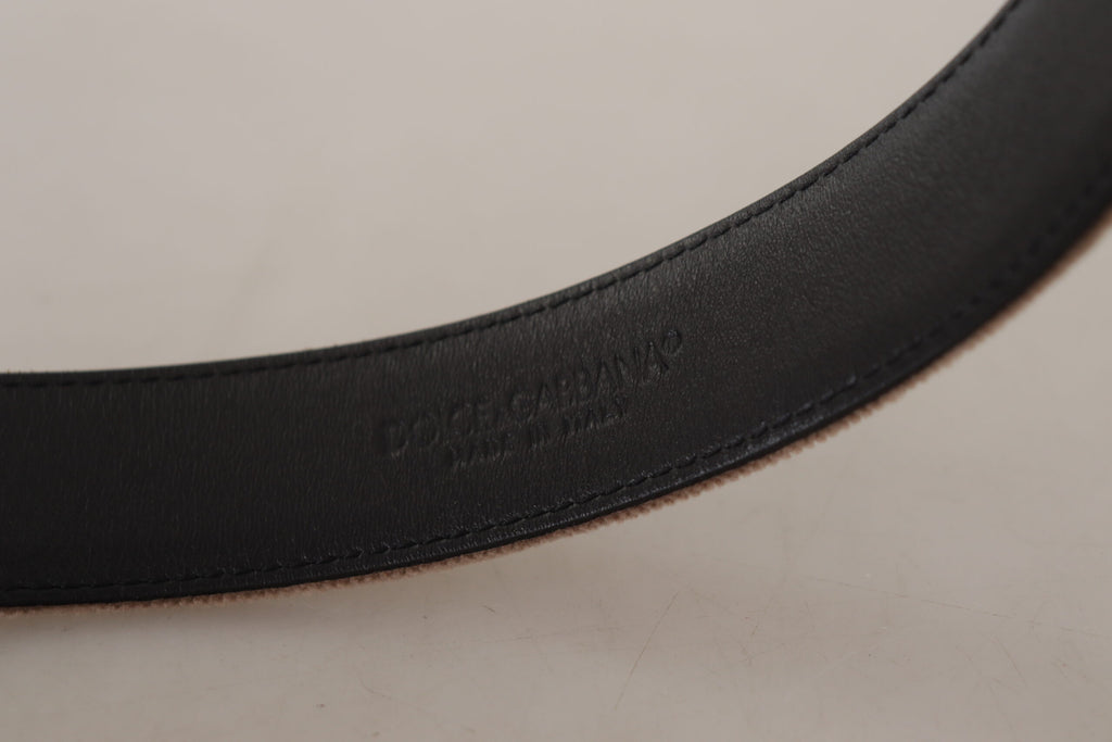 Ceinture Dolce & Gabbana en velours marron clair, avec boucle en métal doré et logo.