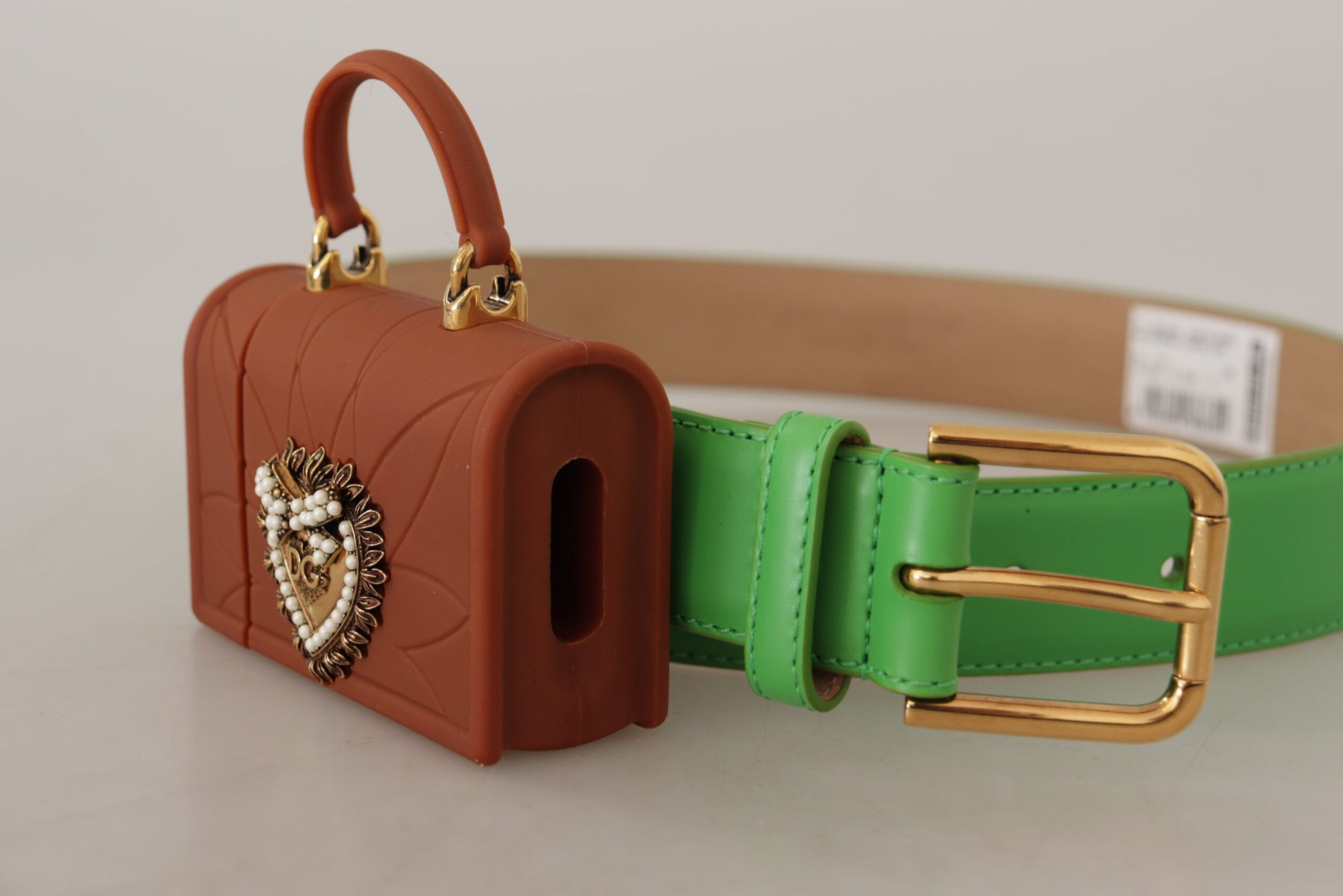 Dolce & Gabbana Ceinture Micro Sac Casque en Cuir Vert Devotion Cœur