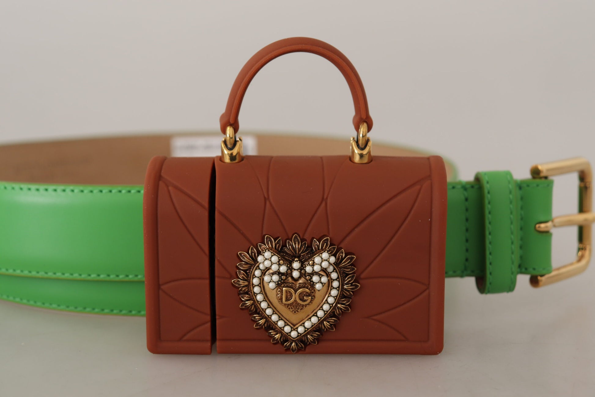 Dolce & Gabbana Ceinture Micro Sac Casque en Cuir Vert Devotion Cœur