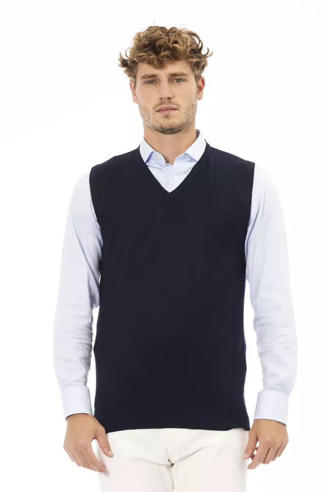 Alpha Studio Gilet homme bleu en viscose col en V