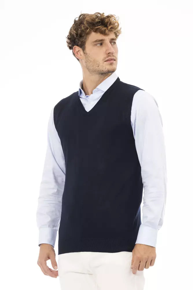 Alpha Studio Gilet homme bleu en viscose col en V