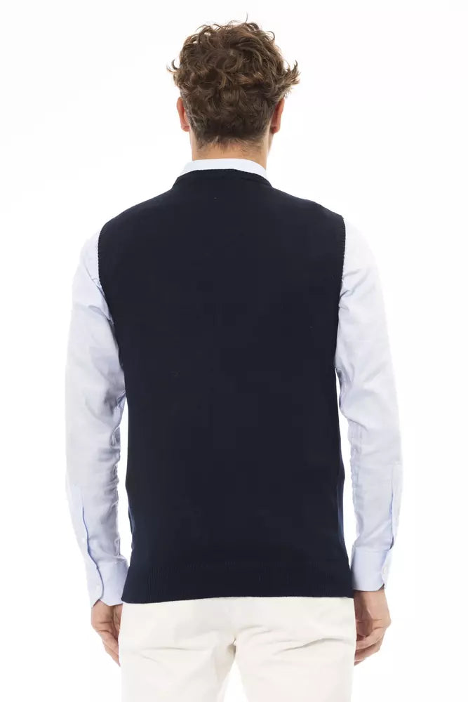 Alpha Studio Gilet homme bleu en viscose col en V