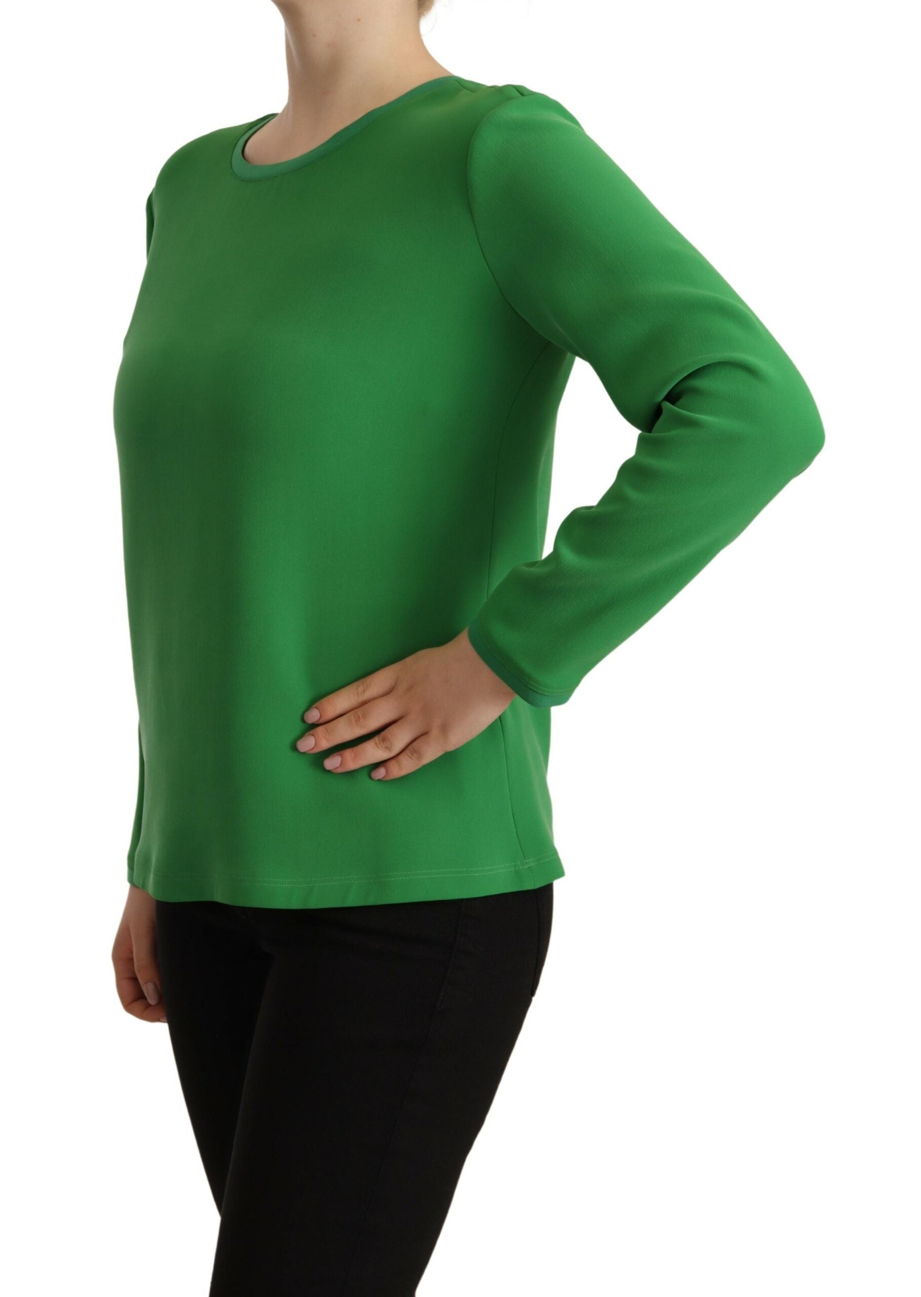 Armani – Grüner Seidenpullover mit langen Ärmeln und Rundhalsausschnitt