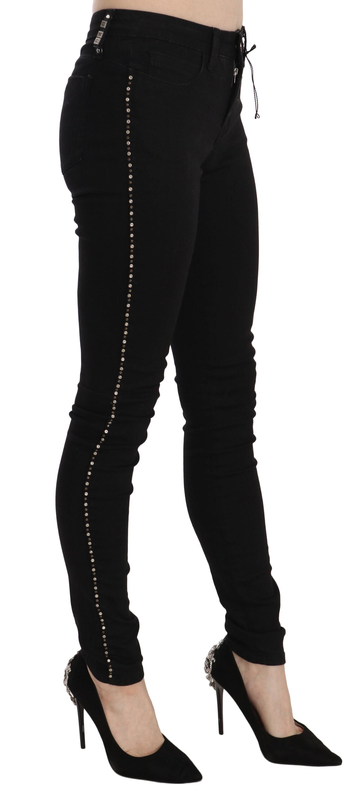 Jean slim en denim noir orné à taille mi-haute Costume National