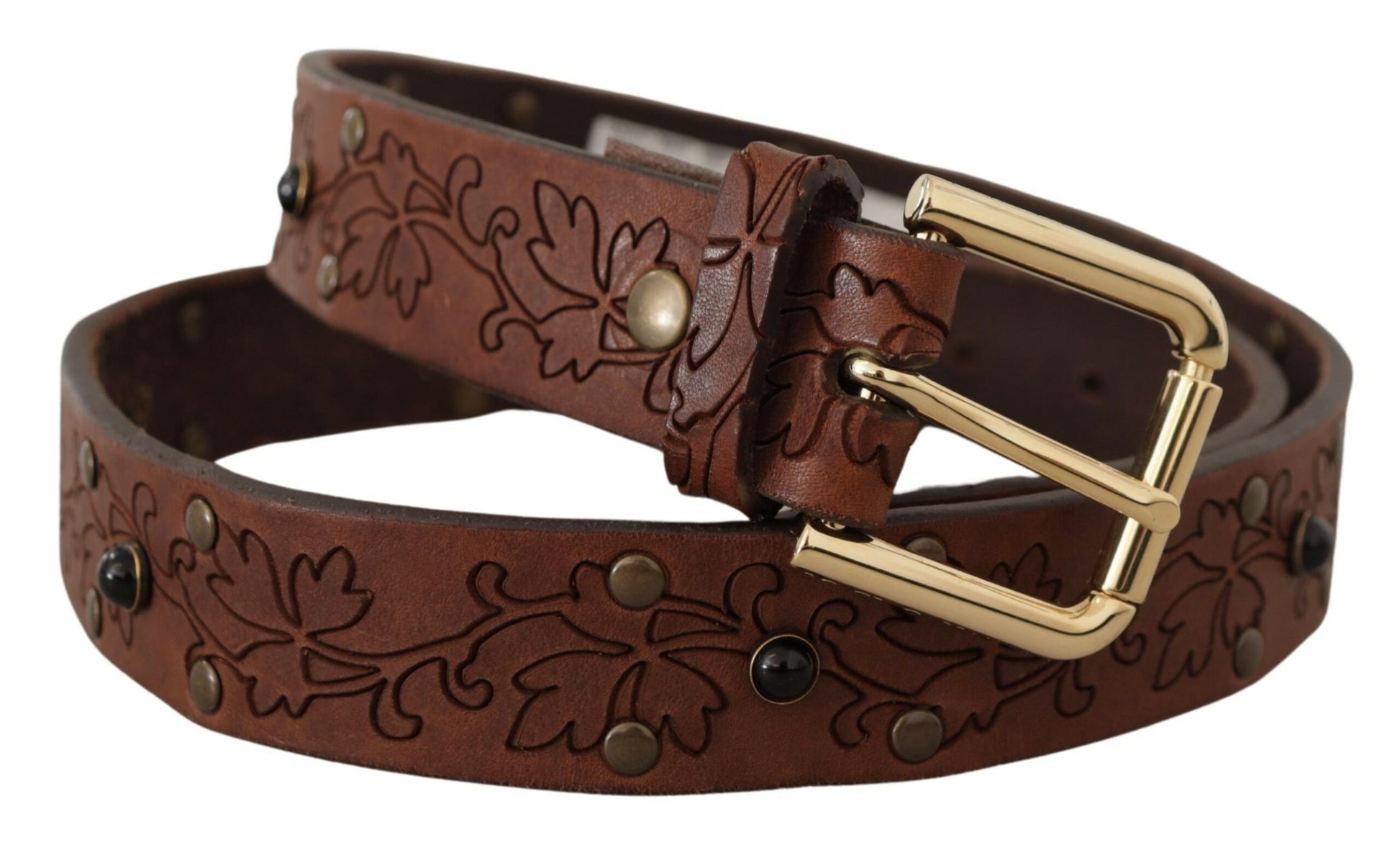 Ceinture Dolce & Gabbana en cuir marron avec boucle en métal cloutée florale
