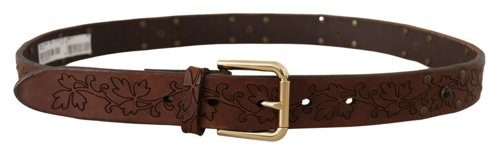 Ceinture Dolce & Gabbana en cuir marron avec boucle en métal cloutée florale