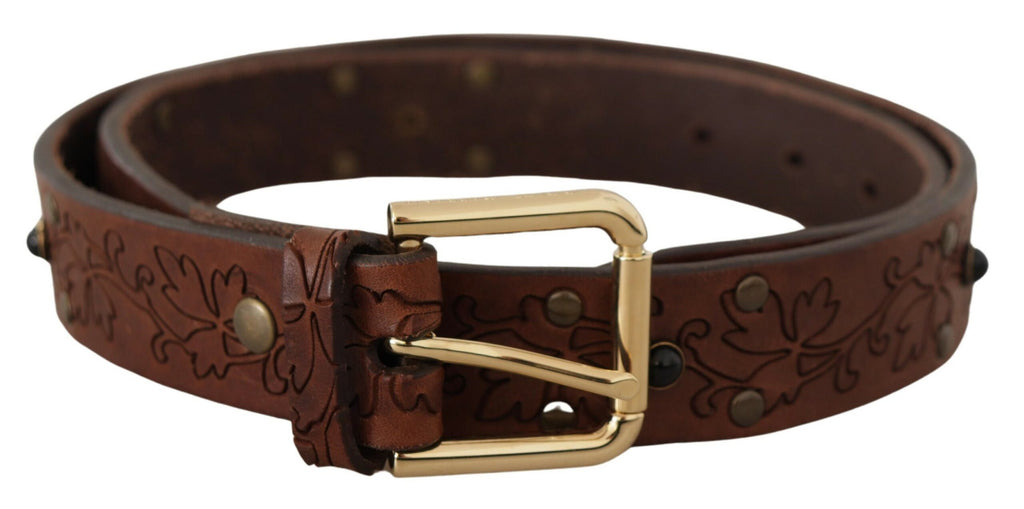 Ceinture Dolce & Gabbana en cuir marron avec boucle en métal cloutée florale