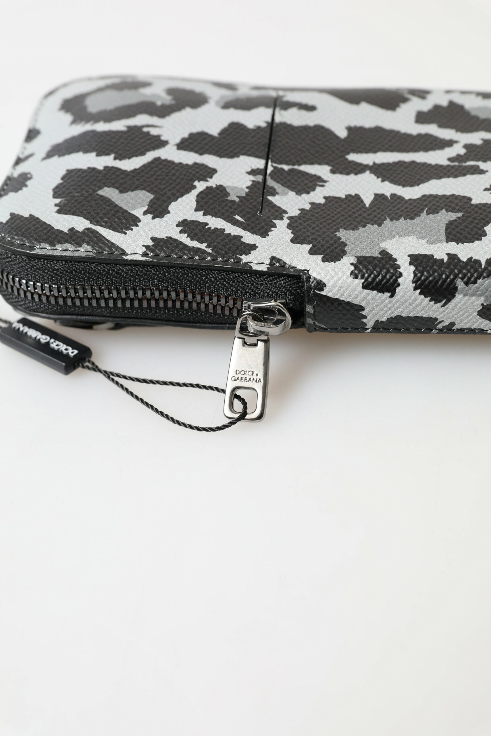 Dolce &amp; Gabbana Graue Leopardenleder Herren Geldbörse Crossbody Sling Handytasche