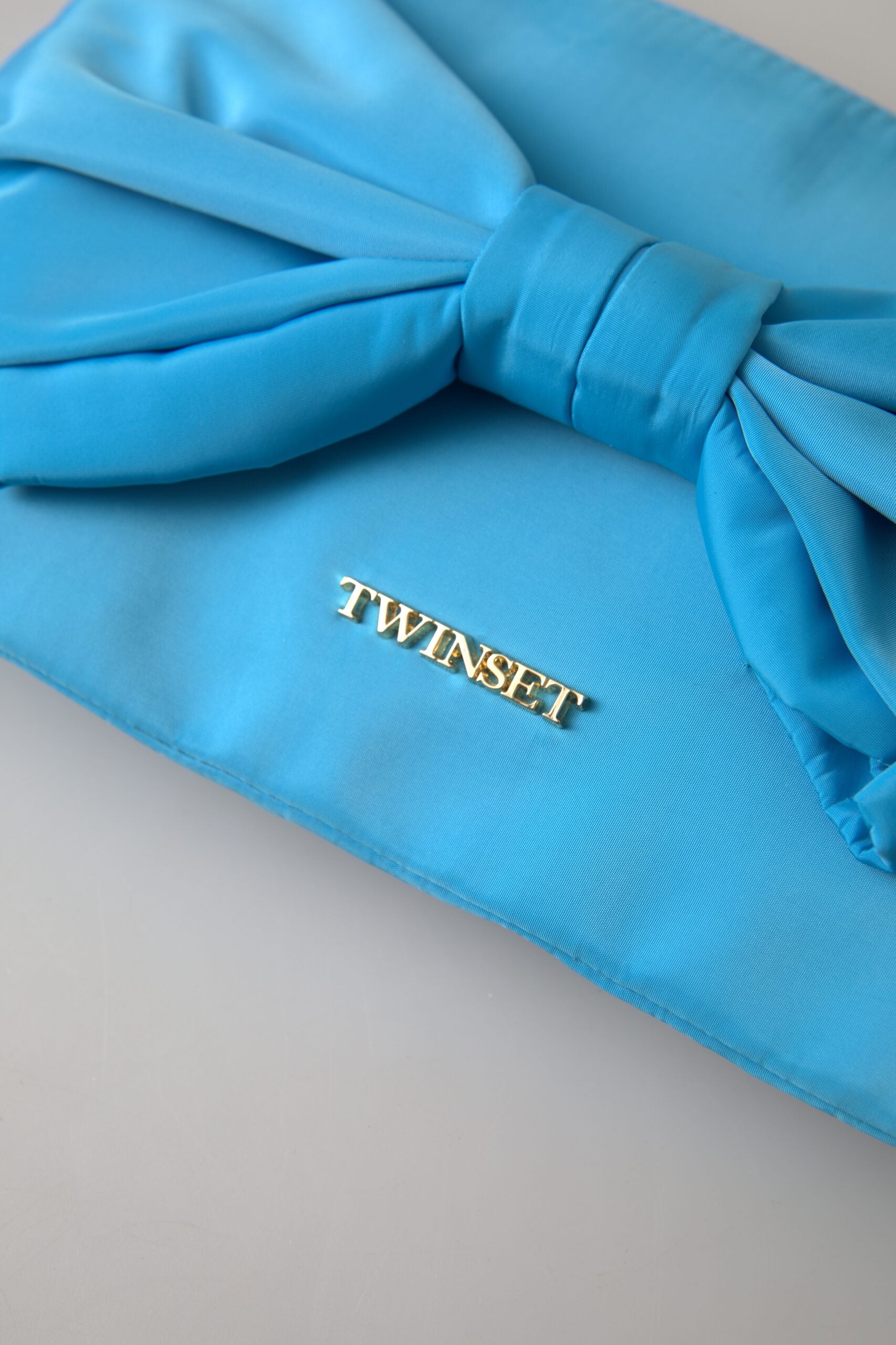 Twinset Blau Tafta Seide Große Schleife Zipper Clutch Frauen Borse Logo Tasche