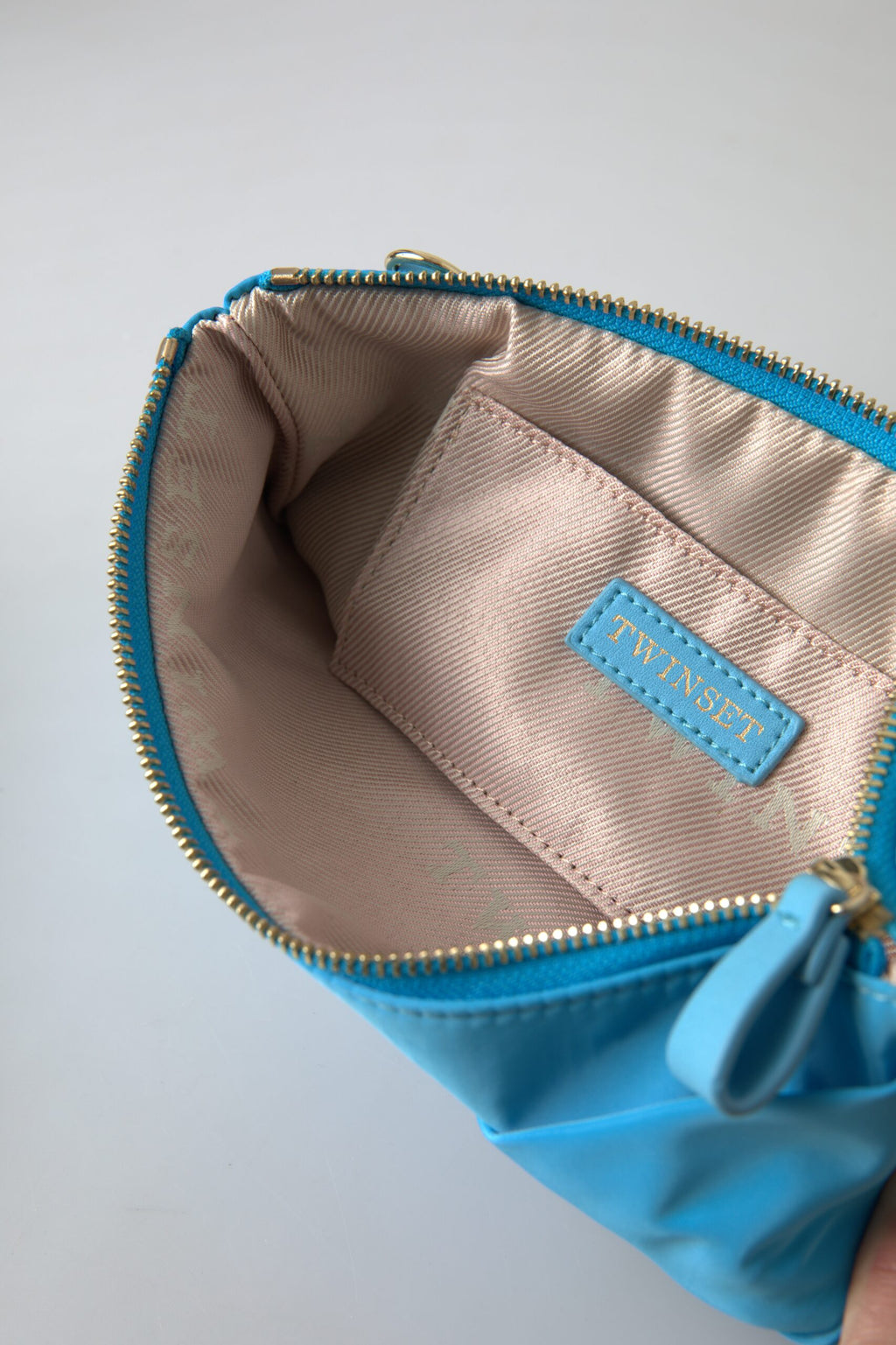 Twinset Blau Tafta Seide Große Schleife Zipper Clutch Frauen Borse Logo Tasche