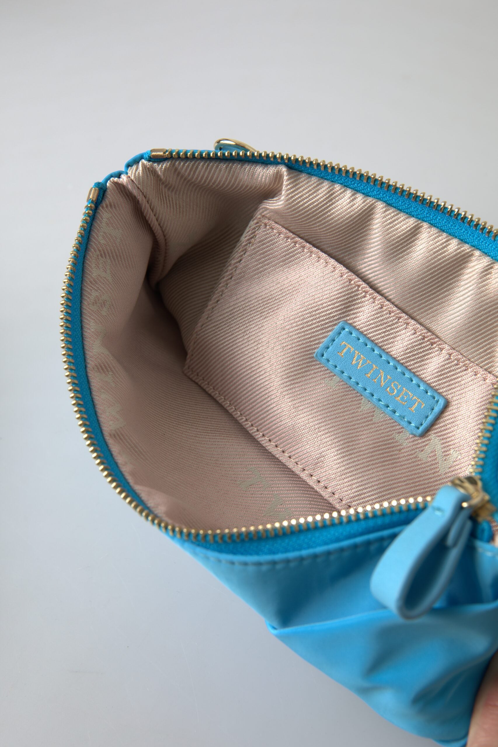 Twinset Blau Tafta Seide Große Schleife Zipper Clutch Frauen Borse Logo Tasche