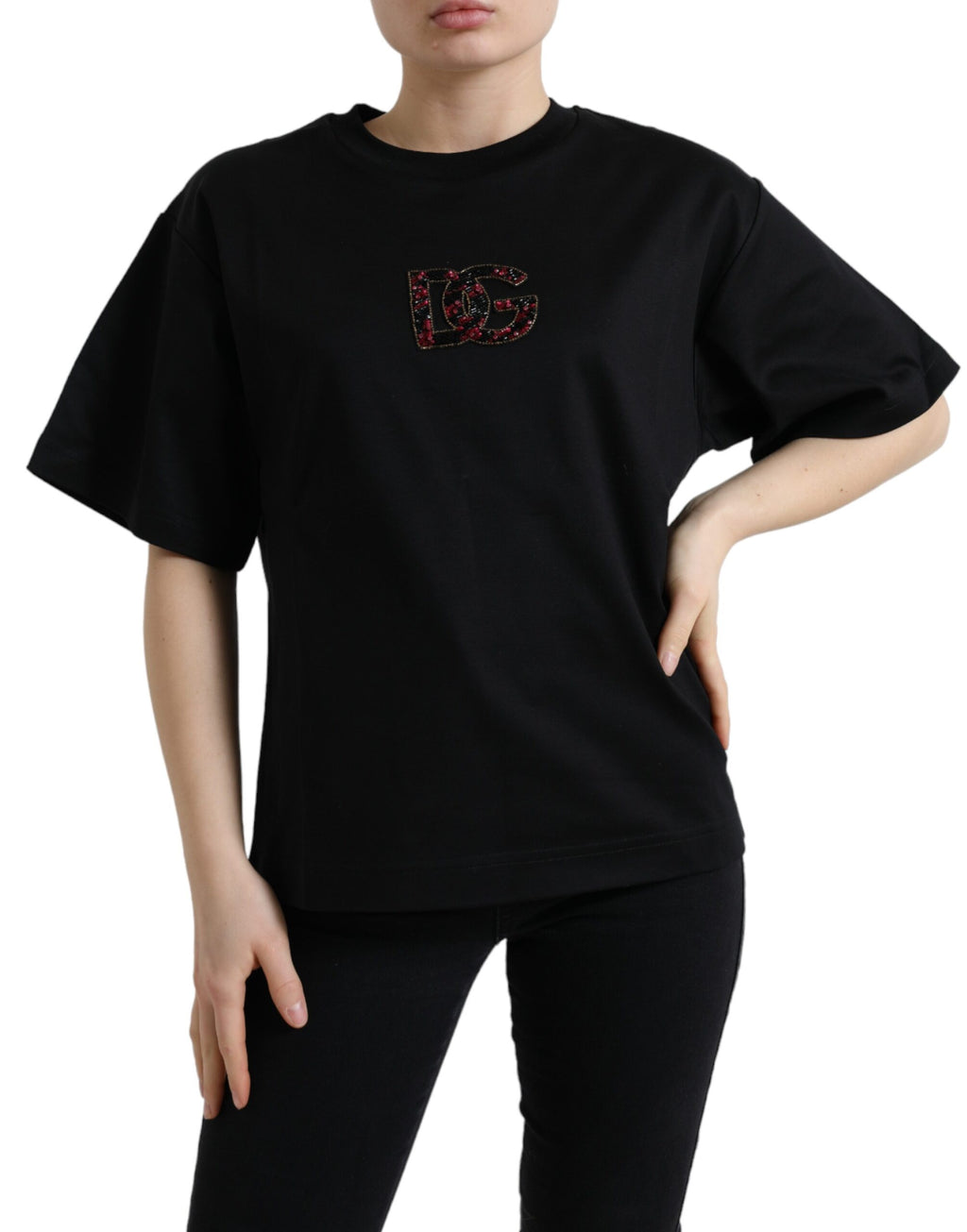 T-shirt col rond Dolce & Gabbana en coton noir avec cristaux DG