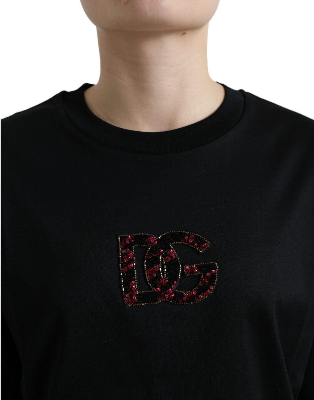 T-shirt col rond Dolce & Gabbana en coton noir avec cristaux DG